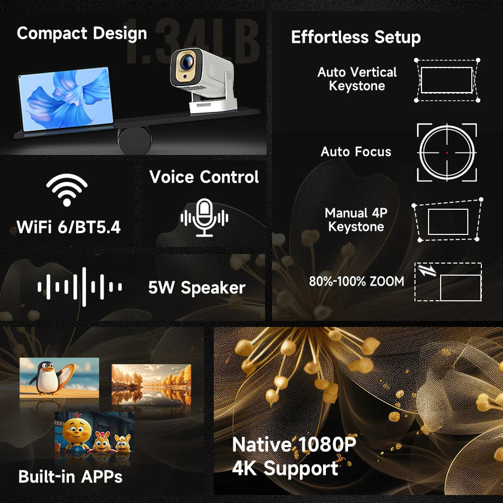 Projektor z systemem Android 11, rozdzielczość natywna 4K, 1080P, autofokus, Wysyłka 72h