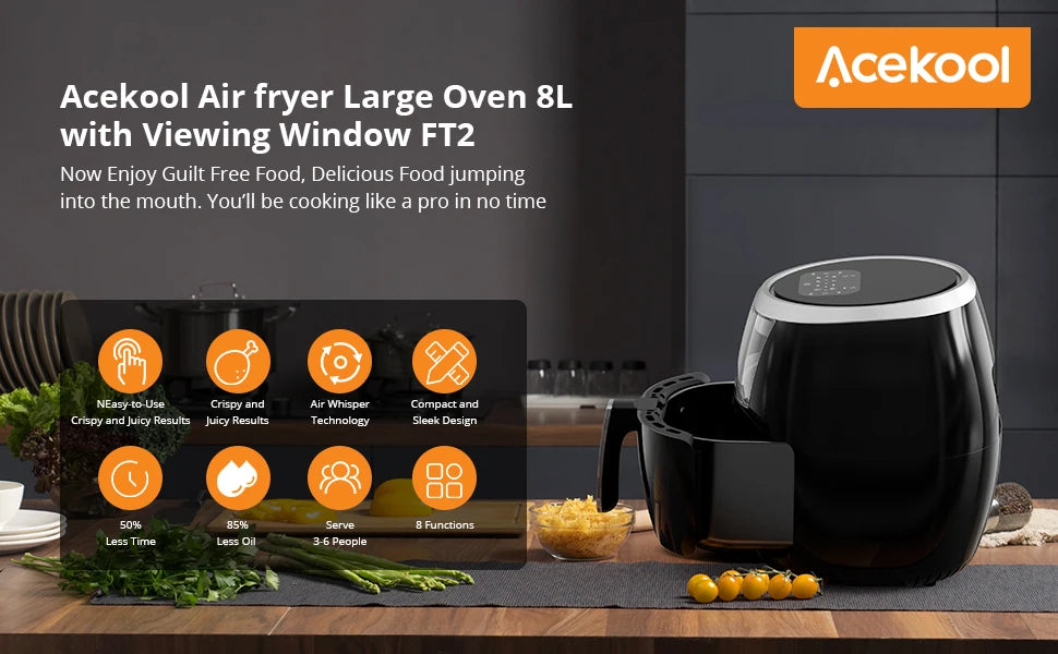 Frytkownica powietrzna, Airfryer z okienkiem podglądu, z wyświetlaczem cyfrowym, 8 zaprogramowanych ustawień gotowania, można myć w zmywarce