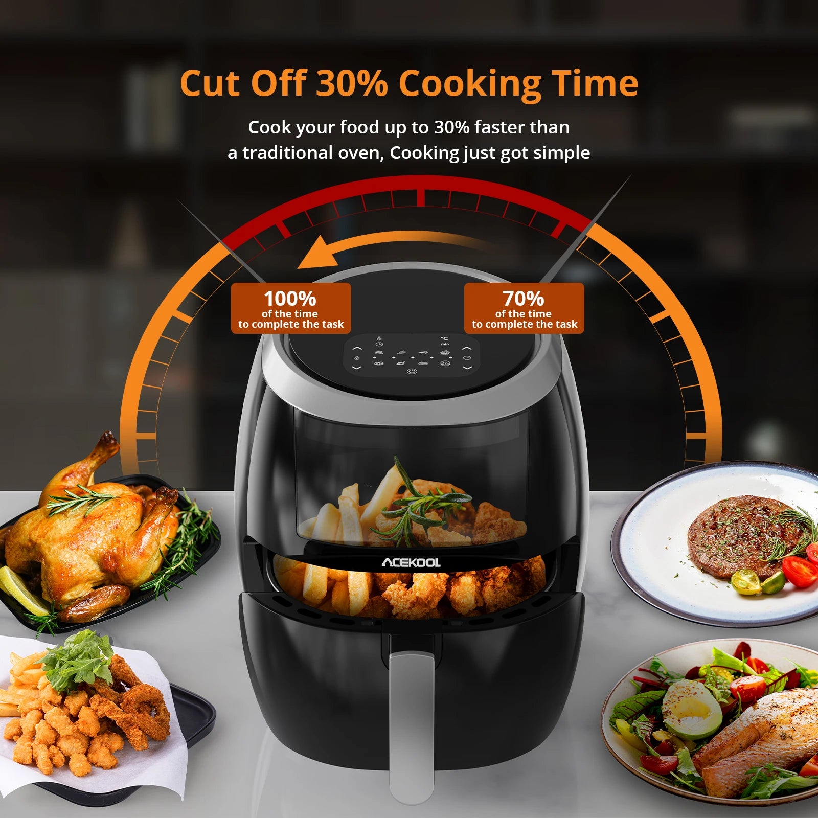 Frytkownica powietrzna, Airfryer z okienkiem podglądu, z wyświetlaczem cyfrowym, 8 zaprogramowanych ustawień gotowania, można myć w zmywarce
