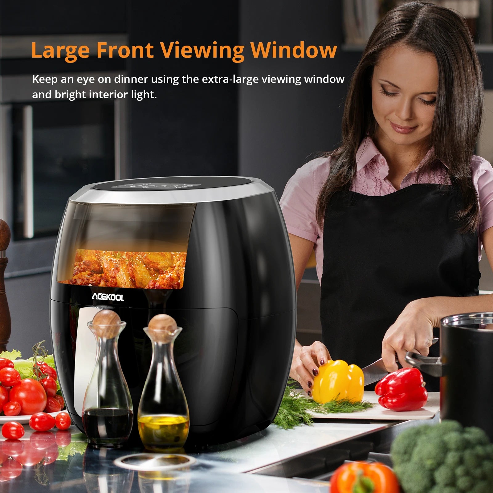 Frytkownica powietrzna, Airfryer z okienkiem podglądu, z wyświetlaczem cyfrowym, 8 zaprogramowanych ustawień gotowania, można myć w zmywarce