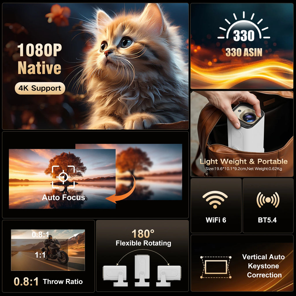 Projektor z systemem Android 11, rozdzielczość natywna 4K, 1080P, autofokus, Wysyłka 72h